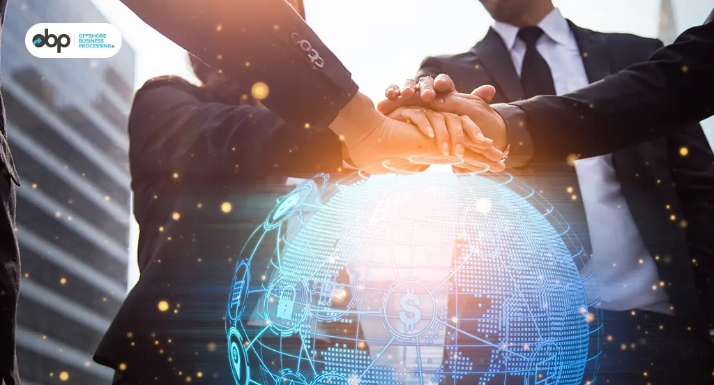 a global team with hands together