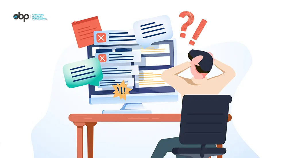 Overwhelmed worker with high-volume tasks on screen