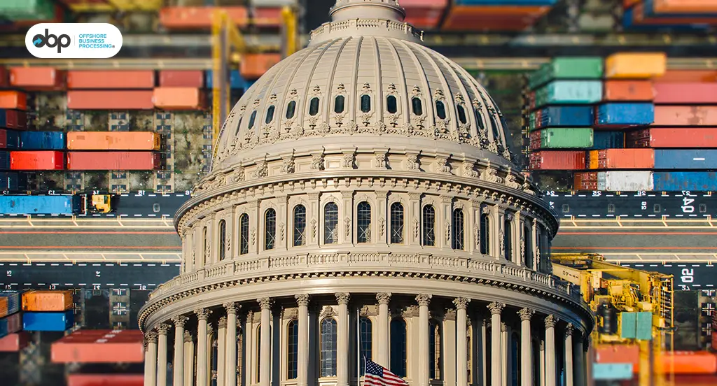 Capitol dome with shipping port symbolizing U.S. governance and global trade