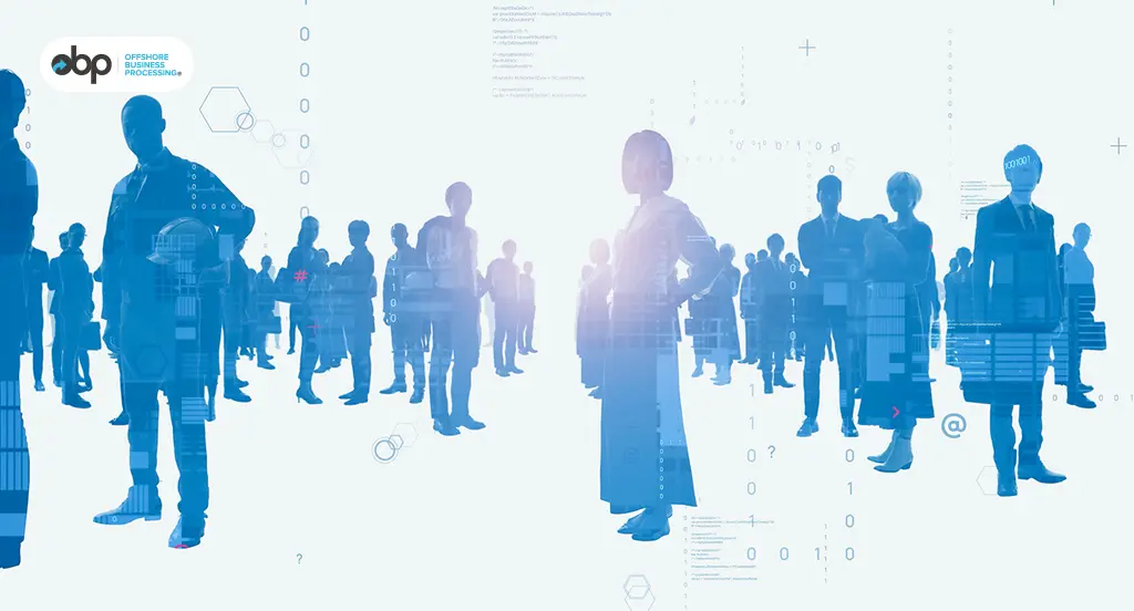 Digital blue figures representing scalable, tech-enabled global offshore teams